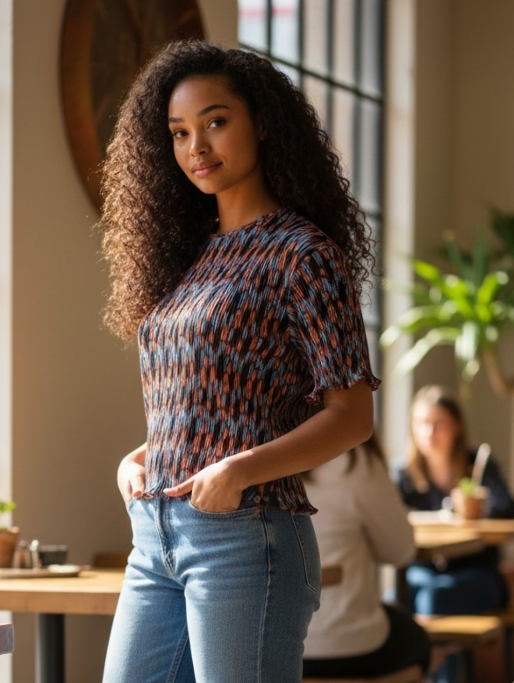 WILDFANG Textured Multi-Color Short-Sleeve Crop Top — Navy & Rust